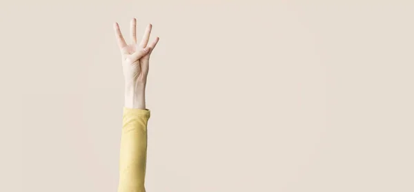 Mão Feminina Mostrando Número Quatro Fundo Isolado — Fotografia de Stock