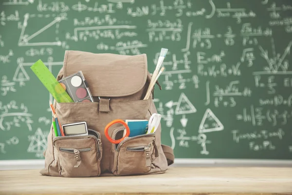 Backpack school with supplies in front of  green chalkboard