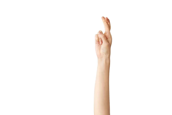 Mulher Mão Mostrar Dedo Cruz Mentira Símbolo Fundo Branco — Fotografia de Stock