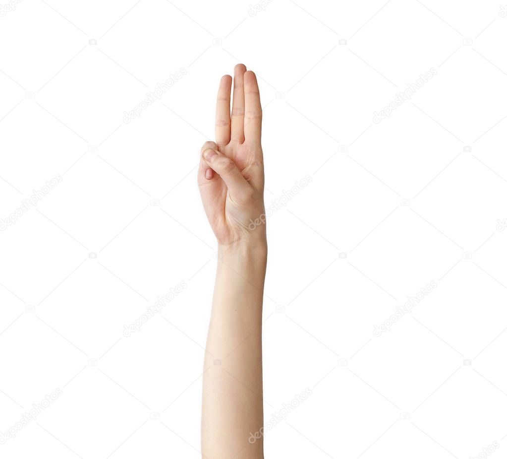 Scout honor hand gesture on white background