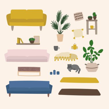 Vector hand drawn illustration with interior for living room.  clipart