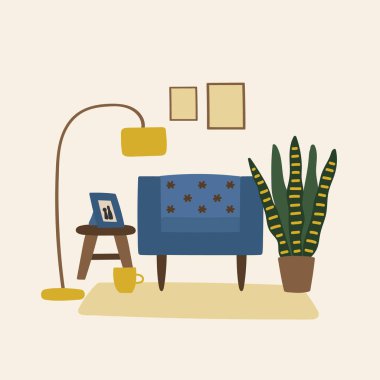 Oturma odası için içi çizilmiş vektör el çizimi, basitçe vektör illüstrasyonu 