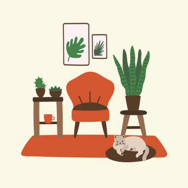 Oturma odası için içi çizilmiş vektör el çizimi, basitçe vektör illüstrasyonu 