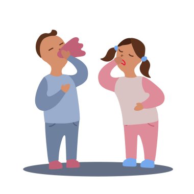 Grip ya da soğuk algınlığı belirtileri gösteren bir çift erkek ve kız çocuğu.