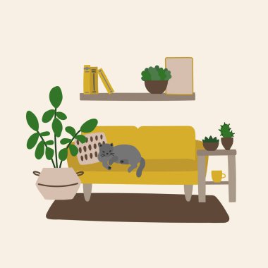 Oturma odası için içi çizilmiş vektör el çizimi, basitçe vektör illüstrasyonu 