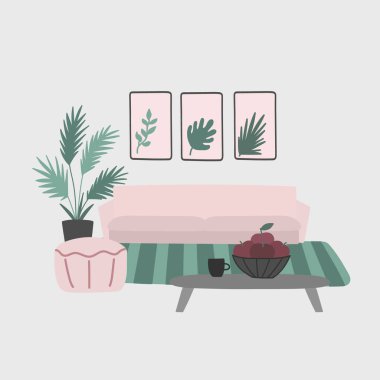 Oturma odası için içi çizilmiş vektör el çizimi, basitçe vektör illüstrasyonu 