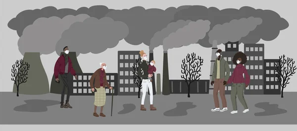 Vektor Handritad Illustration Med Kvinnor Och Män Masker Luftföroreningar Moderna — Stock vektor