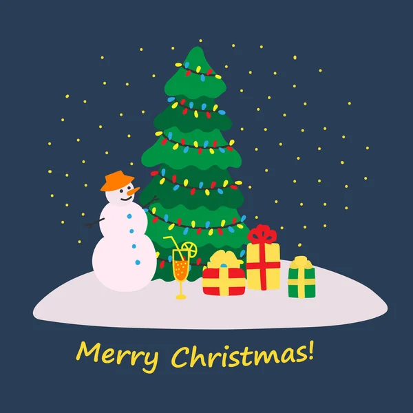 Yılbaşı ağacı, hediye ve kardan adam desenli çelenkler, yeni yıl ve Noel konsepti. 