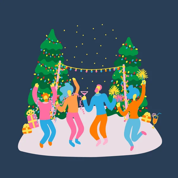 Komik erkek ve kadın karakterlerinin çizildiği vektör el çizimi Noel ağaçlarının yanında çelenklerle yeni yılı kutluyor 