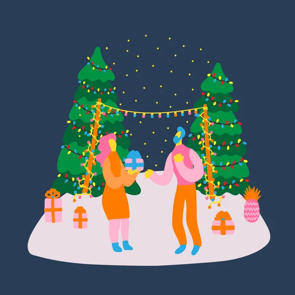 Noel ağaçlarının yanında Noel ağacı, yeni yıl ve Noel kutlaması konsepti ve hediye veren bir kadınla vektör el çizimi  