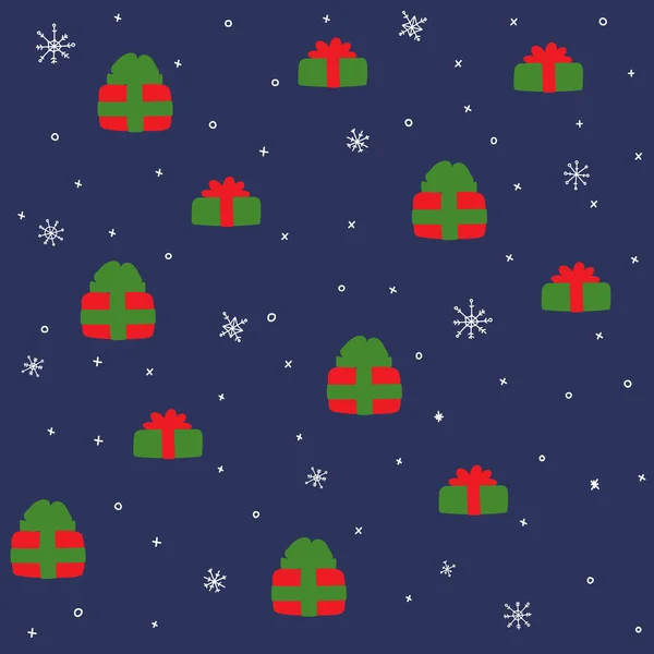 Kırmızı ve yeşil hediye kutuları, kar taneleri, Yeni Yıl ve Noel konsepti olan kusursuz desenli vektör el çizimi 