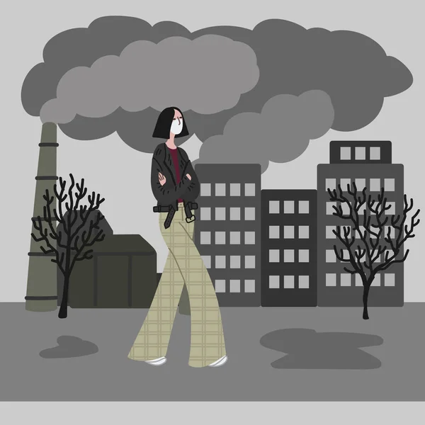 Mujer Con Máscara Contra Smog Concepto Contaminación Atmosférica — Archivo Imágenes Vectoriales