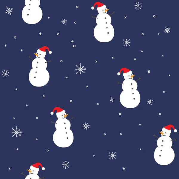 Kırmızı Noel Baba şapkalı, kar taneli, yeni yıl ve noel konseptli kardan adamların kusursuz çizimleri. 