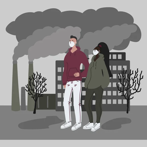 Wektor Ręcznie Rysowane Ilustracji Kobietą Mężczyzną Masce Koncepcja Zanieczyszczenia Powietrza — Wektor stockowy