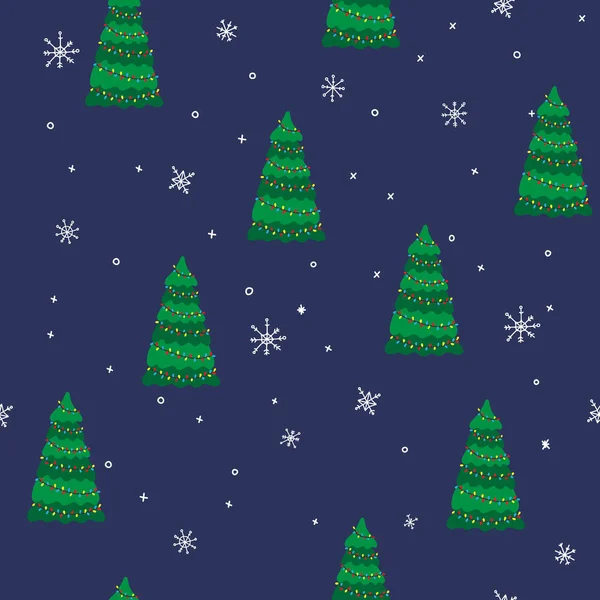 Vektor Handgezeichnetes Nahtloses Muster Mit Weihnachtsbäumen Und Girlanden Mit Schneeflocken — Stockvektor