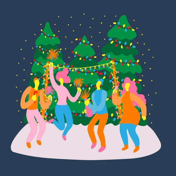 Komik erkek ve kadın karakterlerinin çizildiği vektör el çizimi Noel ağaçlarının yanında çelenklerle yeni yılı kutluyor 