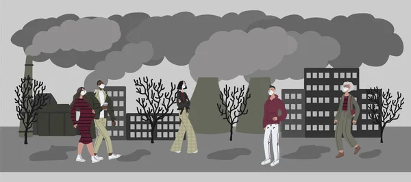 Vektorová Ruka Kreslila Ilustrace Ženami Muži Maskách Znečištění Ovzduší Moderním — Stockový vektor