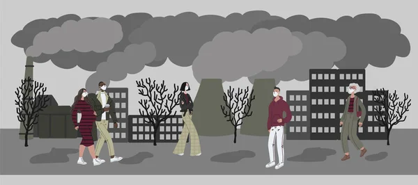 Ilustración Dibujada Mano Vectorial Con Mujeres Hombres Máscaras Contaminación Del — Archivo Imágenes Vectoriales