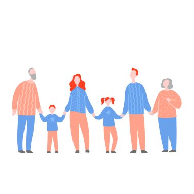 Mutlu aile, büyükanne ve büyükbaba, çocuklu ebeveynler ile modern daire çizimi