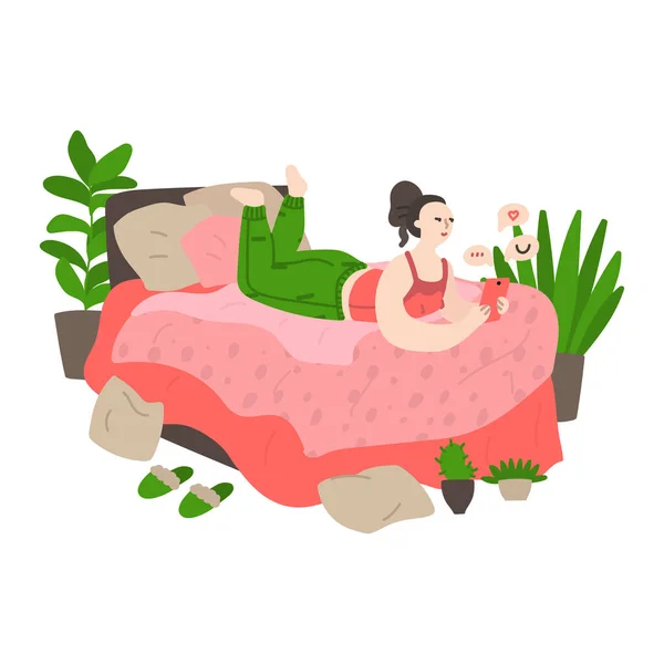 Happy Young Girl Lies Bed Sends Messages Simply Vector Illustration — 스톡 벡터