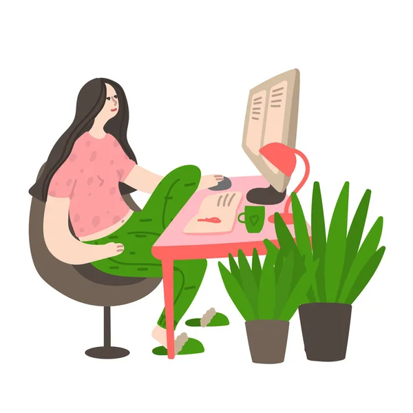 Chica Joven Feliz Trabaja Casa Computadora Simplemente Ilustración Vectorial — Vector de stock