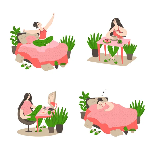 Conjunto Vida Cotidiana Rutina Por Mujer Joven Casa Ilustración Vector — Vector de stock