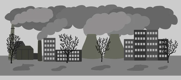 Ilustración Dibujada Mano Vectorial Con Ciudad Contaminada Con Emisiones Atmosféricas — Vector de stock