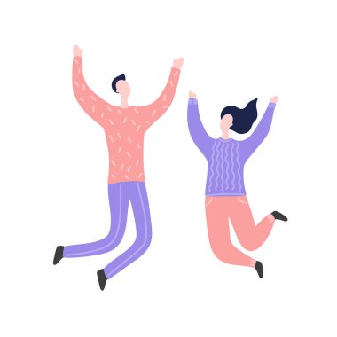 Mutlu aile ile modern düz vektör çizimi. Erkek ve kadın zıplar, zevk, neşe, zafer. Aile kavramı, aile değerleri, destek ve aile bağları
