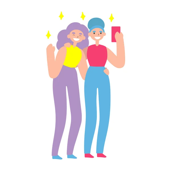 Vector Flat Illustration Doodle Women Device Girls Takes Selfie Smartphone — 스톡 벡터