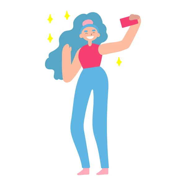Vector Flat Illustration Doodle Woman Device Girl Takes Selfie Smartphone — 스톡 벡터
