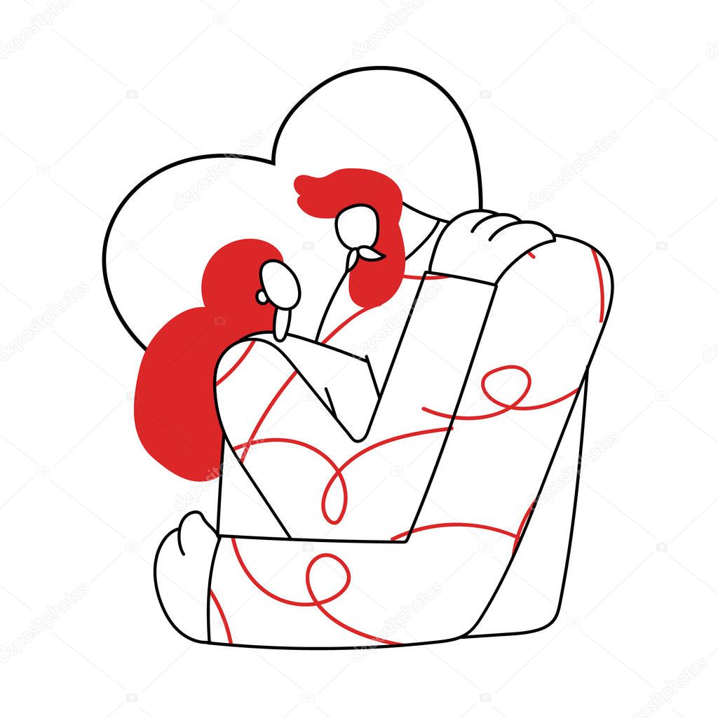 Vector illustration with couple in love in a trendy flat outline style. Man and woman hug close and look at each other's faces. Valentine's Day, romantic, love and relationships.