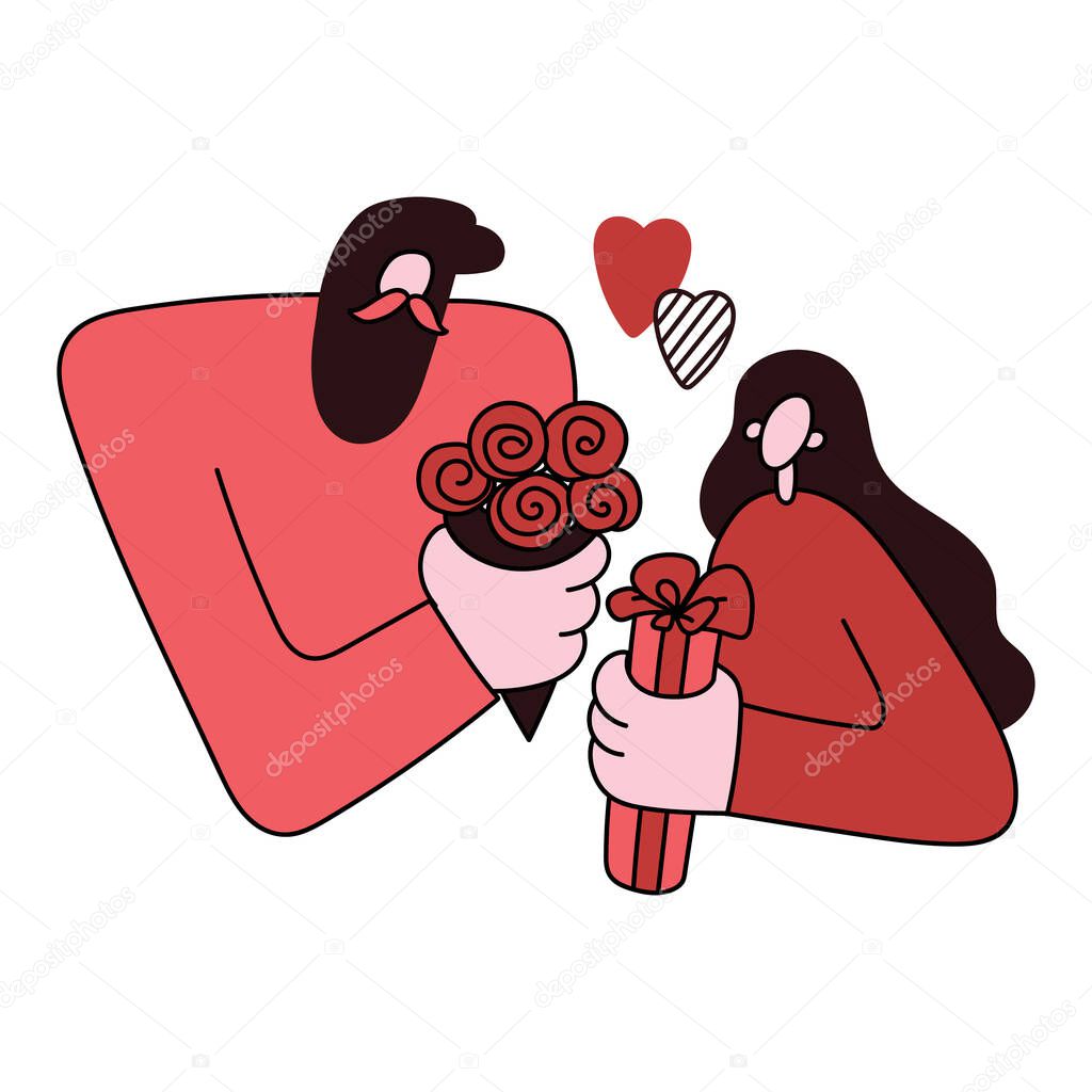 Vector illustration with couple in love in a trendy flat outline style. Man gives roses and woman gives a gift in box. Valentine's Day, romantic, love and relationships.