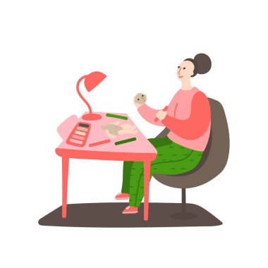 Genç bir kadının günlük hayatı ve rutini. Kız porselen bir bebekle yüz boyuyor. Kadın kuklacı bebeği üzerinde çalışıyor. Yaratıcı bir hobi kavramı. Düz çizgi film vektör çizimi