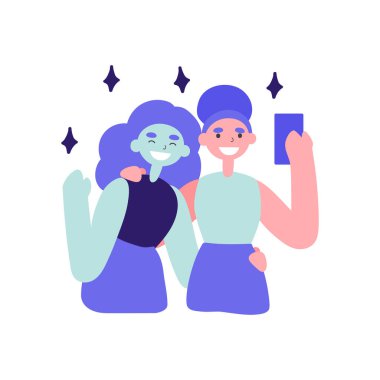 Elinde bir aletle karalama yapan kadınlarla vektör düz çizim. Kız arkadaşlar akıllı telefondan selfie çeker ve gülümser. Mobil aygıtı olan modern bir kadın karakter tasarımı