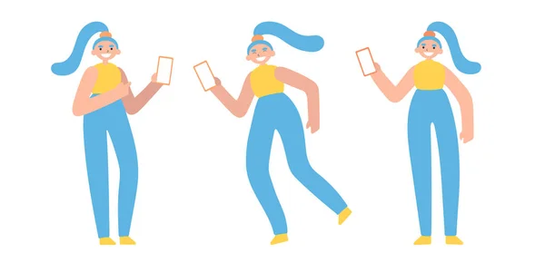 Elinde bir aletle karalama yapan bir kadınla vektör düz çizim. Kız akıllı telefon tutuyor, selfie çekiyor, konuşuyor ve mesajlar yolluyor. Mobil aygıtı olan modern bir kadın karakteri demeti