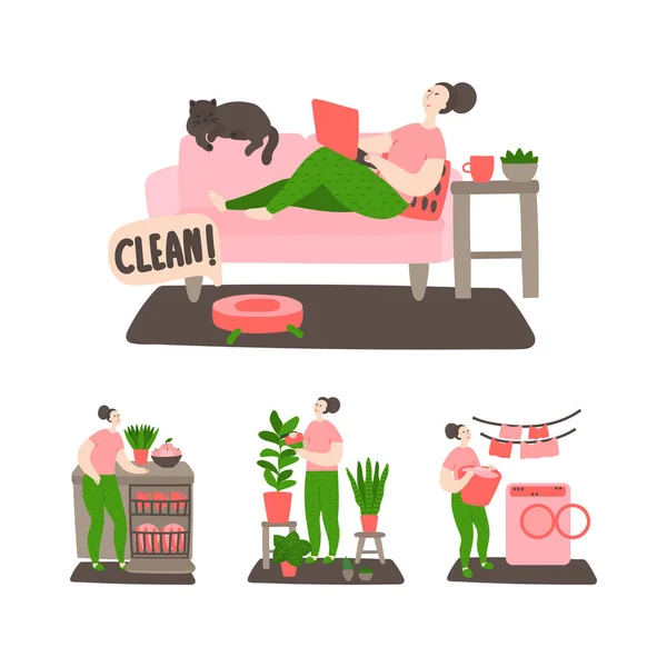 快乐的小女孩打扫房子 女人在家里洗 年轻妇女在家里的日常生活和例行公事 平面卡通矢量插图 — 图库矢量图片