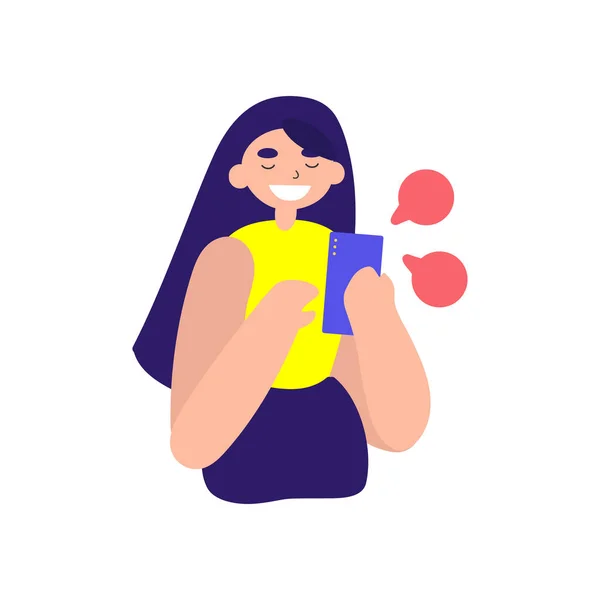 Vector Flat Illustration Doodle Woman Device Girl Sends Messages Smartphone — 스톡 벡터