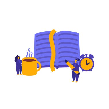 Modern kütüphane düz konsepti. İncil 'de büyük bir kitabın yanında elinde kalem tutan kadınlar. Web arşivi, kitaplar, kütüphane ve edebiyat. Okuma teknolojisi ve kültürünün metaforu 