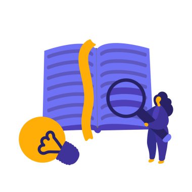 Çalışan ve okuyan bir kadınla vektör düz çizim. Büyük kitap ve ampulün yanında büyüteci olan kadın karakter. Öðrenim, öðrenim, araþtýrma, uzaklýk çalýþma, yetenek geliþtirme