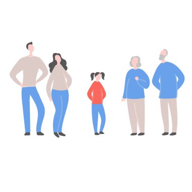 Aileyle modern düz vektör çizimi. Ebeveynler ve büyükbabalar arasında duran bir ergen. Bir ailede, ailede, aile değerlerinde, destekte ve aile bağlarında kuşak sorunu kavramı