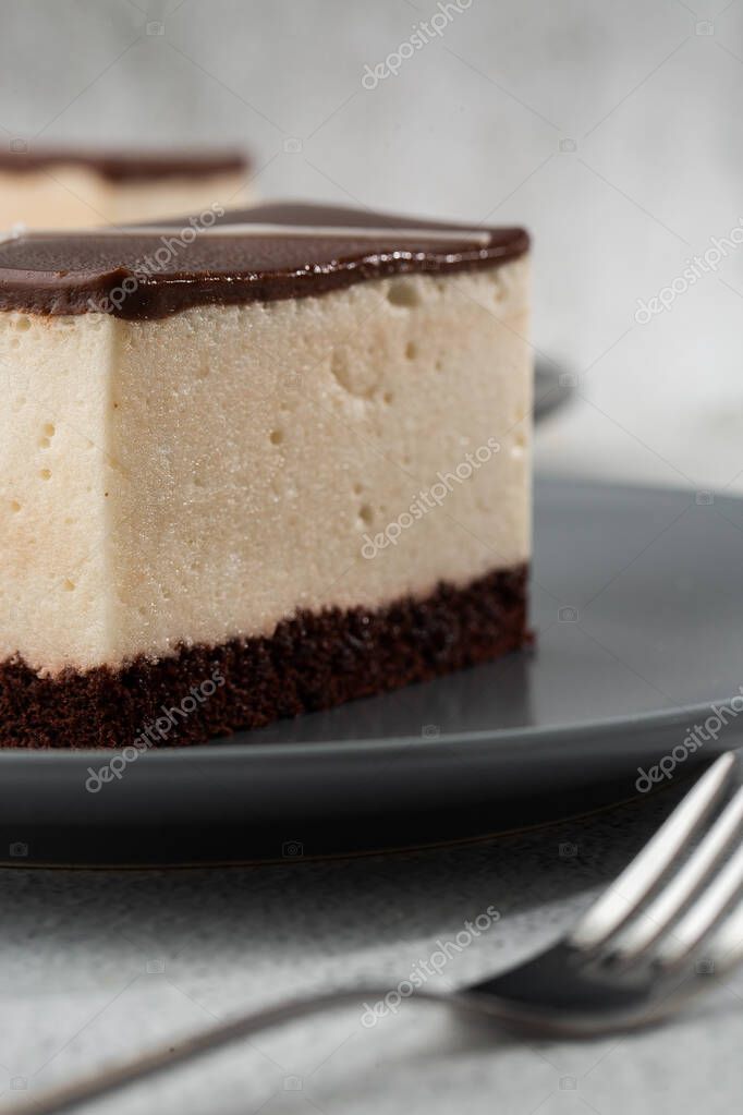 Trozo de pastel con soufflé Leche de pájaro, galleta, mousse y