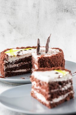 Lezzetli çikolatalı pasta, beyaz hindistan cevizi kreması ve mermer kaplama masa. Pasta kafesi ya da kafe menüsü için duvar kağıdı. dikey.