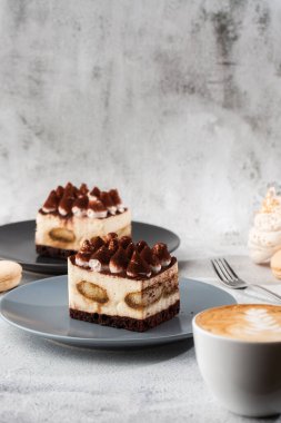 Tiramisu, mascarpone ve kahveli klasik tatlı. Hafif mermer arka planda koyu bir tabakta nefis bir Tiramisu keki. Dikey fotoğraf.