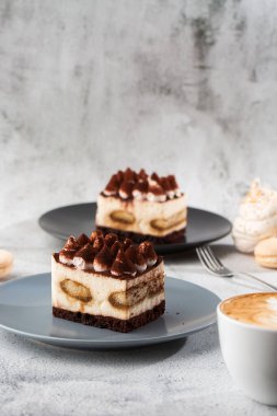 Tiramisu, mascarpone ve kahveli klasik tatlı. Hafif mermer arka planda koyu bir tabakta nefis bir Tiramisu keki. Dikey fotoğraf.