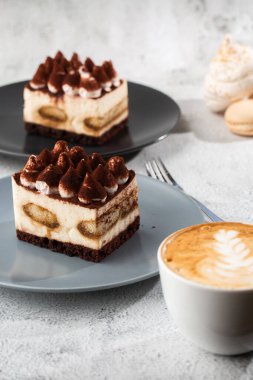 Tiramisu, mascarpone ve kahveli klasik tatlı. Hafif mermer arka planda koyu bir tabakta nefis bir Tiramisu keki. Dikey fotoğraf.