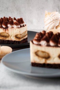 Tiramisu, mascarpone ve kahveli klasik tatlı. Hafif mermer arka planda koyu bir tabakta nefis bir Tiramisu keki. Dikey fotoğraf.