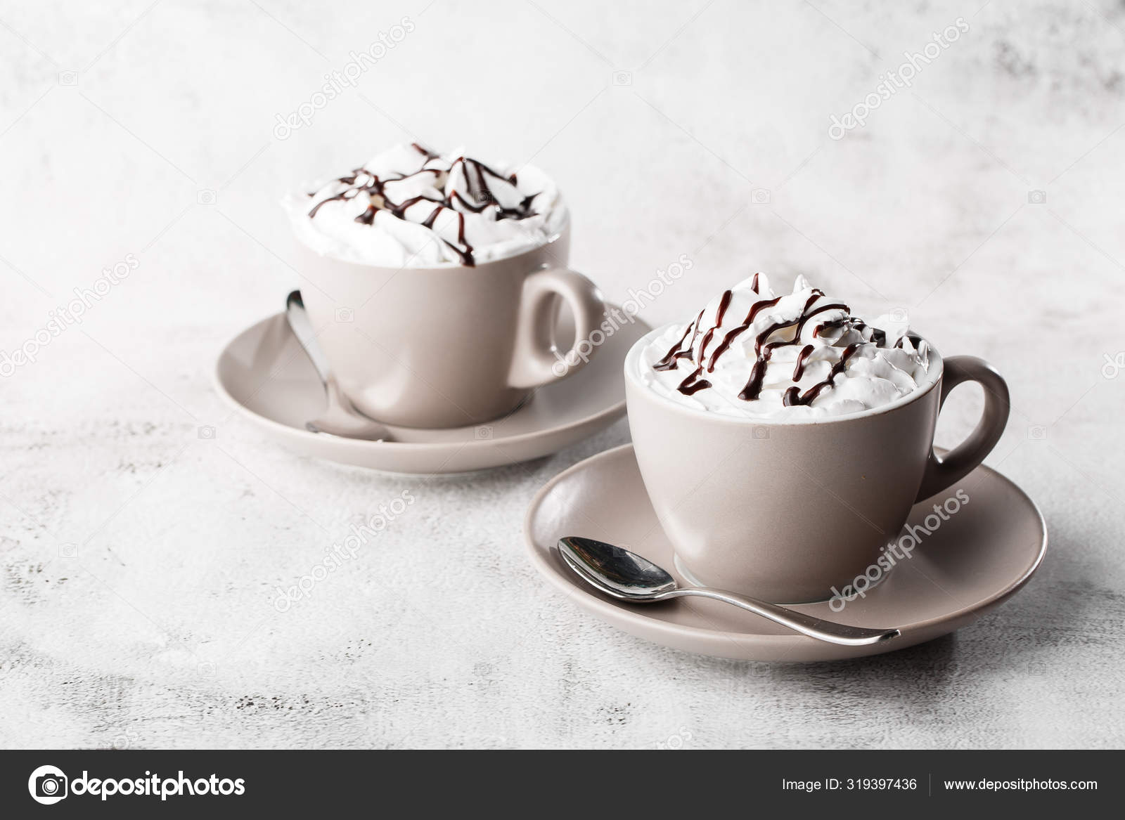 Download Two Cups Of Coffee With Whipped Cream And Chocolate Topping Iced Frappuccino In White Cup Isolated On Bright Marble Background Overhead View Copy Space Advertising For Cafe Menu Coffee Shop Menu