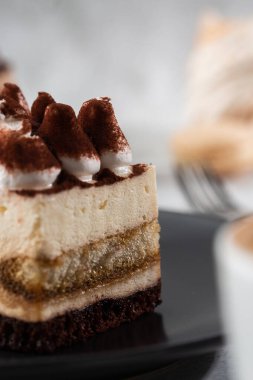 Tiramisu, mascarpone ve kahveli klasik tatlı. Hafif mermer arka planda koyu bir tabakta nefis bir Tiramisu keki. Dikey fotoğraf.