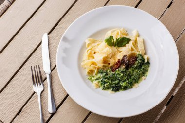 Ispanaklı ve fesleğenle süslenmiş kurutulmuş domatesli Tagliatelle vejetaryen makarna tabağı. Makarna ve ıspanakla nefis bir öğle yemeği. Ahşap arka planda.