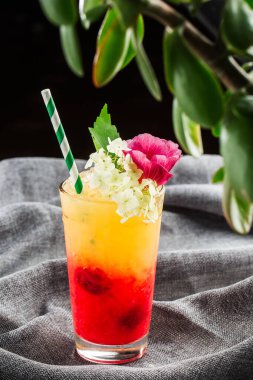 Portakal suyu ve Red Tequila Sunrise ile nefis bir kokteyl. Gri arka plan restoranında buzlu bir bardak. Egzotik kırmızı yaz içkisi. Bar alkol menüsü, afiyet olsun. dikey